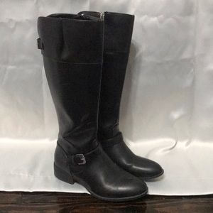 Black faux leather tall boots